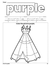 Free Thanksgiving teepee color purple coloring page and color worksheet, purple worksheet for preschoolers to learn colors, printable PDF