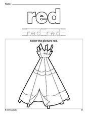 Free Thanksgiving teepee color red coloring page and color worksheet, red worksheet for preschoolers to learn colors, printable PDF