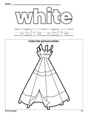 Free Thanksgiving teepee color white coloring page and color worksheet, white worksheet for preschoolers to learn colors, printable PDF