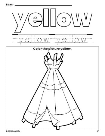 Free Thanksgiving teepee color yellow coloring page and color worksheet, yellow worksheet for preschoolers to learn colors, printable PDF