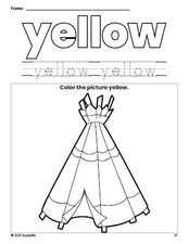 Free Thanksgiving teepee color yellow coloring page and color worksheet, yellow worksheet for preschoolers to learn colors, printable PDF