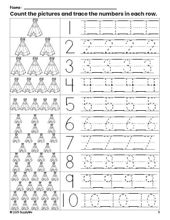 Free printable Thanksgiving teepee counting worksheet for preschool and pre-k with number tracing practice 1-10, PDF