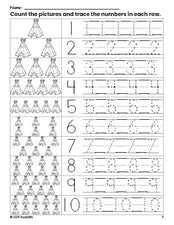 Free printable Thanksgiving teepee counting worksheet for preschool and pre-k with number tracing practice 1-10, PDF