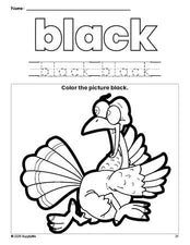 Free Thanksgiving turkey color black coloring page and color worksheet, black worksheet for preschoolers to learn colors, printable PDF