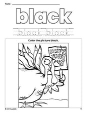 Free Thanksgiving turkey color black coloring page and color worksheet, black worksheet for preschoolers to learn colors, printable PDF