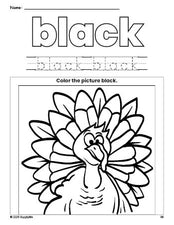 Free Thanksgiving turkey color black coloring page and color worksheet, black worksheet for preschoolers to learn colors, printable PDF