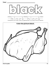 Free Thanksgiving turkey color black coloring page and color worksheet, black worksheet for preschoolers to learn colors, printable PDF