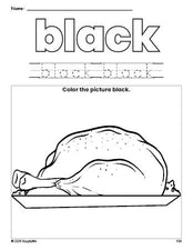 Free Thanksgiving turkey color black coloring page and color worksheet, black worksheet for preschoolers to learn colors, printable PDF