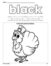 Free Thanksgiving turkey color black coloring page and color worksheet, black worksheet for preschoolers to learn colors, printable PDF