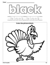 Free Thanksgiving turkey color black coloring page and color worksheet, black worksheet for preschoolers to learn colors, printable PDF