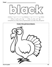 Free Thanksgiving turkey color black coloring page and color worksheet, black worksheet for preschoolers to learn colors, printable PDF