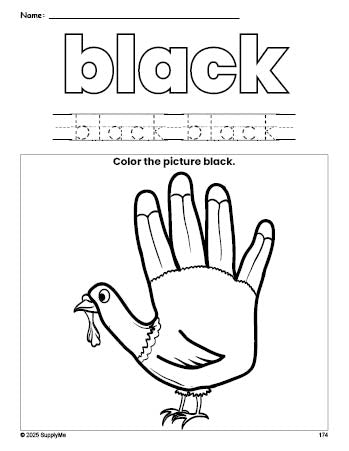 Free Thanksgiving turkey color black coloring page and color worksheet, black worksheet for preschoolers to learn colors, printable PDF