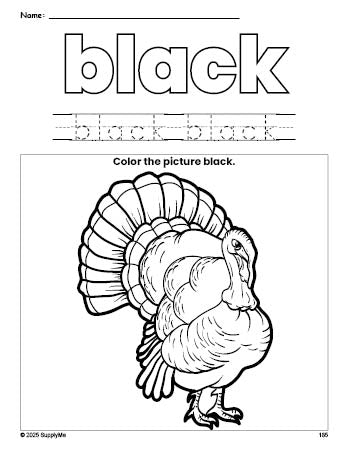 Free Thanksgiving turkey color black coloring page and color worksheet, black worksheet for preschoolers to learn colors, printable PDF