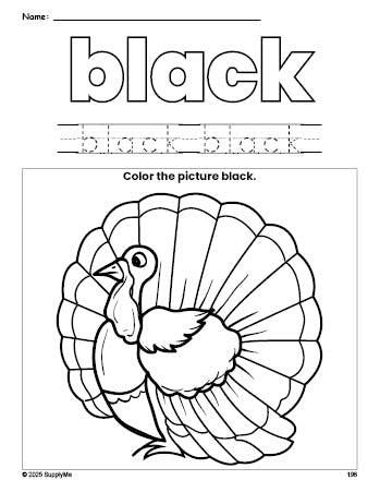 Free Thanksgiving turkey color black coloring page and color worksheet, black worksheet for preschoolers to learn colors, printable PDF