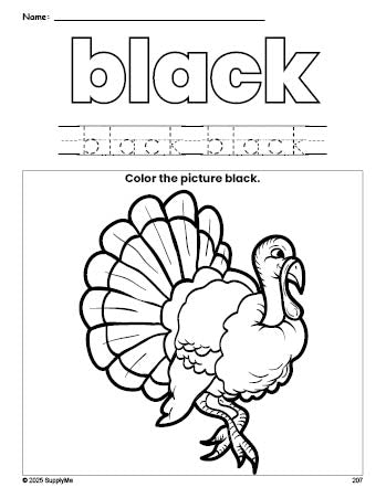 Free Thanksgiving turkey color black coloring page and color worksheet, black worksheet for preschoolers to learn colors, printable PDF