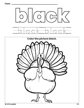 Free Thanksgiving turkey color black coloring page and color worksheet, black worksheet for preschoolers to learn colors, printable PDF