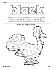 Free Thanksgiving turkey color black coloring page and color worksheet, black worksheet for preschoolers to learn colors, printable PDF