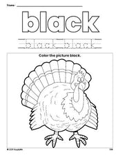 Free Thanksgiving turkey color black coloring page and color worksheet, black worksheet for preschoolers to learn colors, printable PDF