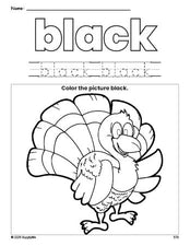 Free Thanksgiving turkey color black coloring page and color worksheet, black worksheet for preschoolers to learn colors, printable PDF