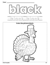 Free Thanksgiving turkey color black coloring page and color worksheet, black worksheet for preschoolers to learn colors, printable PDF