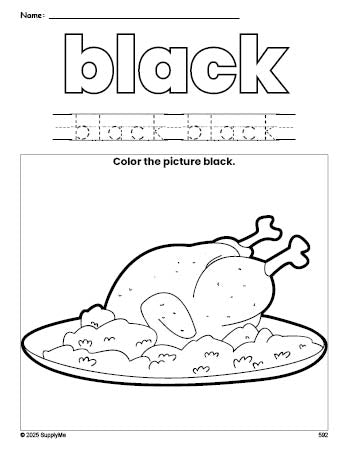 Free Thanksgiving turkey color black coloring page and color worksheet, black worksheet for preschoolers to learn colors, printable PDF