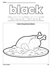 Free Thanksgiving turkey color black coloring page and color worksheet, black worksheet for preschoolers to learn colors, printable PDF