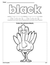 Free Thanksgiving turkey color black coloring page and color worksheet, black worksheet for preschoolers to learn colors, printable PDF