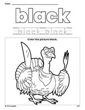 Free Thanksgiving turkey color black coloring page and color worksheet, black worksheet for preschoolers to learn colors, printable PDF