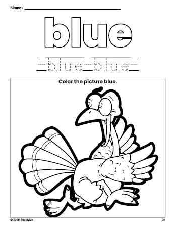 Free Thanksgiving turkey color blue coloring page and color worksheet, blue worksheet for preschoolers to learn colors, printable PDF