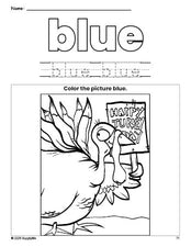 Free Thanksgiving turkey color blue coloring page and color worksheet, blue worksheet for preschoolers to learn colors, printable PDF