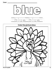 Free Thanksgiving turkey color blue coloring page and color worksheet, blue worksheet for preschoolers to learn colors, printable PDF