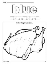 Free Thanksgiving turkey color blue coloring page and color worksheet, blue worksheet for preschoolers to learn colors, printable PDF