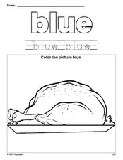 Free Thanksgiving turkey color blue coloring page and color worksheet, blue worksheet for preschoolers to learn colors, printable PDF