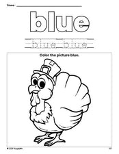 Free Thanksgiving turkey color blue coloring page and color worksheet, blue worksheet for preschoolers to learn colors, printable PDF