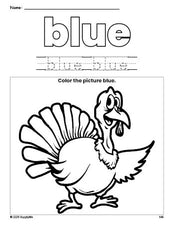 Free Thanksgiving turkey color blue coloring page and color worksheet, blue worksheet for preschoolers to learn colors, printable PDF