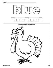 Free Thanksgiving turkey color blue coloring page and color worksheet, blue worksheet for preschoolers to learn colors, printable PDF