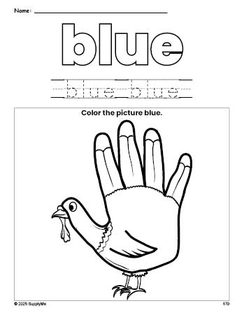 Free Thanksgiving turkey color blue coloring page and color worksheet, blue worksheet for preschoolers to learn colors, printable PDF