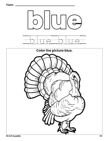 Free Thanksgiving turkey color blue coloring page and color worksheet, blue worksheet for preschoolers to learn colors, printable PDF