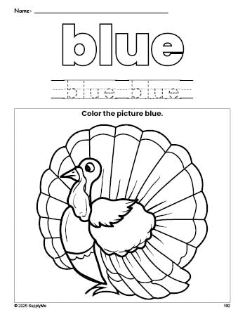 Free Thanksgiving turkey color blue coloring page and color worksheet, blue worksheet for preschoolers to learn colors, printable PDF