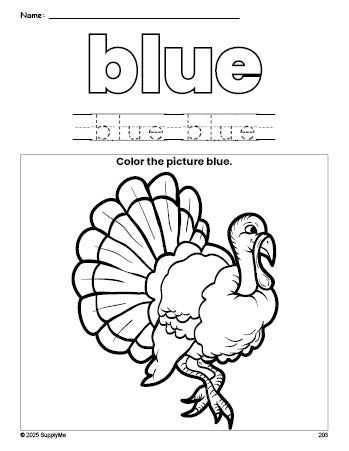 Free Thanksgiving turkey color blue coloring page and color worksheet, blue worksheet for preschoolers to learn colors, printable PDF