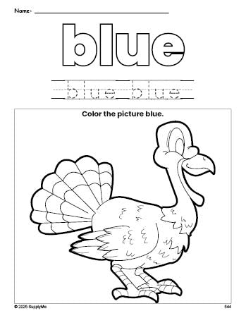 Free Thanksgiving turkey color blue coloring page and color worksheet, blue worksheet for preschoolers to learn colors, printable PDF