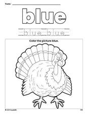 Free Thanksgiving turkey color blue coloring page and color worksheet, blue worksheet for preschoolers to learn colors, printable PDF