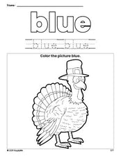 Free Thanksgiving turkey color blue coloring page and color worksheet, blue worksheet for preschoolers to learn colors, printable PDF