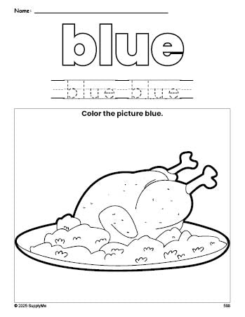 Free Thanksgiving turkey color blue coloring page and color worksheet, blue worksheet for preschoolers to learn colors, printable PDF