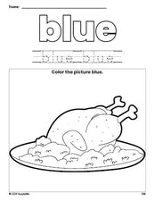 Free Thanksgiving turkey color blue coloring page and color worksheet, blue worksheet for preschoolers to learn colors, printable PDF