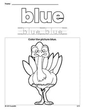 Free Thanksgiving turkey color blue coloring page and color worksheet, blue worksheet for preschoolers to learn colors, printable PDF