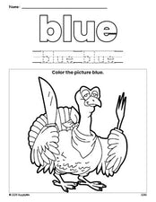 Free Thanksgiving turkey color blue coloring page and color worksheet, blue worksheet for preschoolers to learn colors, printable PDF