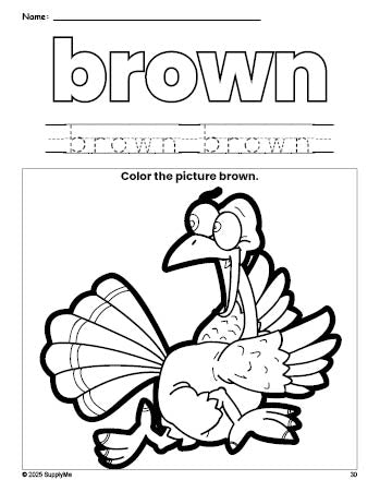 Free Thanksgiving turkey color brown coloring page and color worksheet, brown worksheet for preschoolers to learn colors, printable PDF