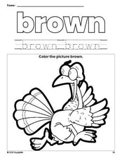 Free Thanksgiving turkey color brown coloring page and color worksheet, brown worksheet for preschoolers to learn colors, printable PDF