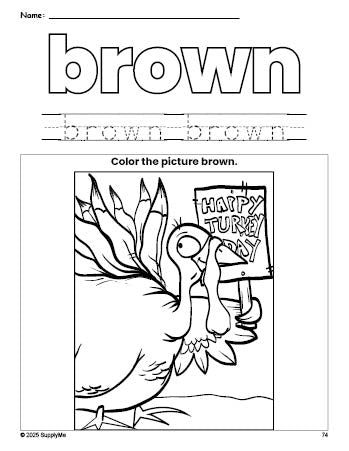 Free Thanksgiving turkey color brown coloring page and color worksheet, brown worksheet for preschoolers to learn colors, printable PDF